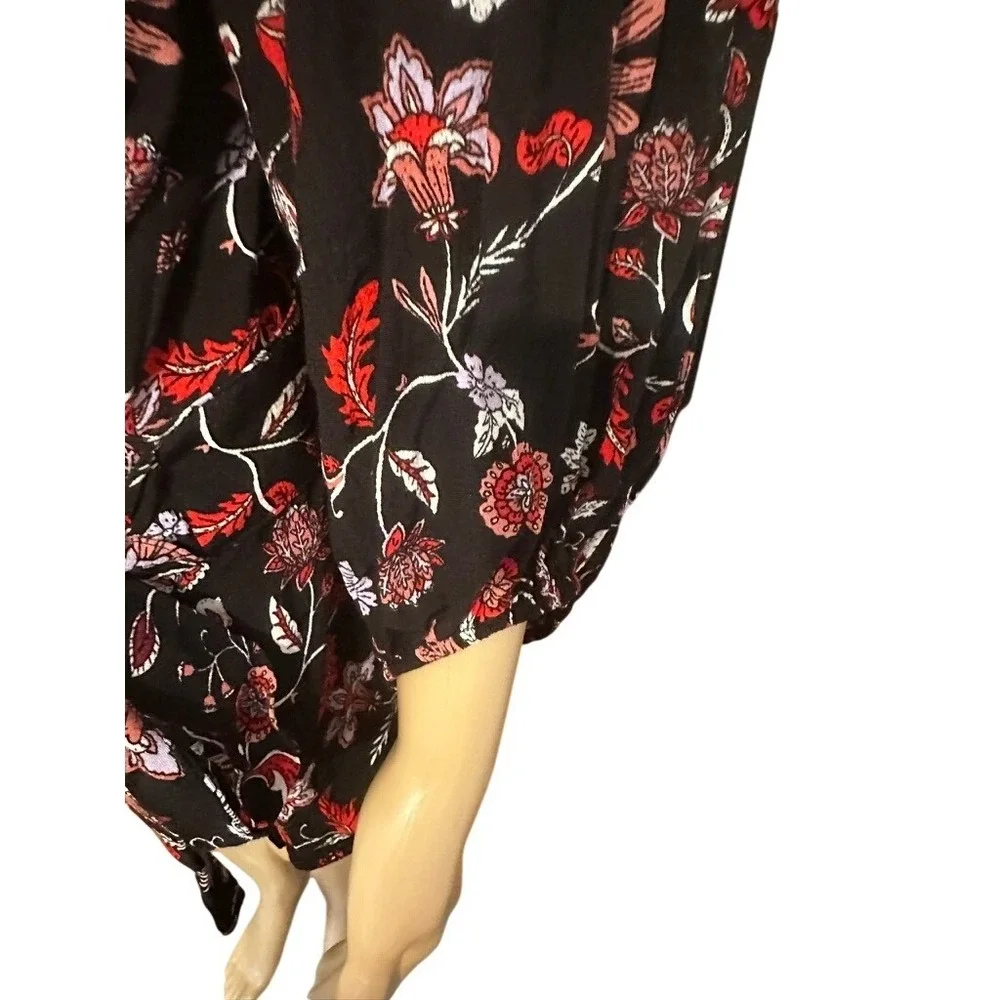 Banana‎ Republic Womens XL Floral Wrap Top Black Red V-Neck Tie Waist Blouse
